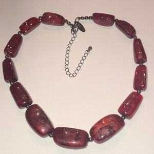 NY Deep Red Burgundy Shimmer Beaded Boho Chunky Retro Statement Necklace